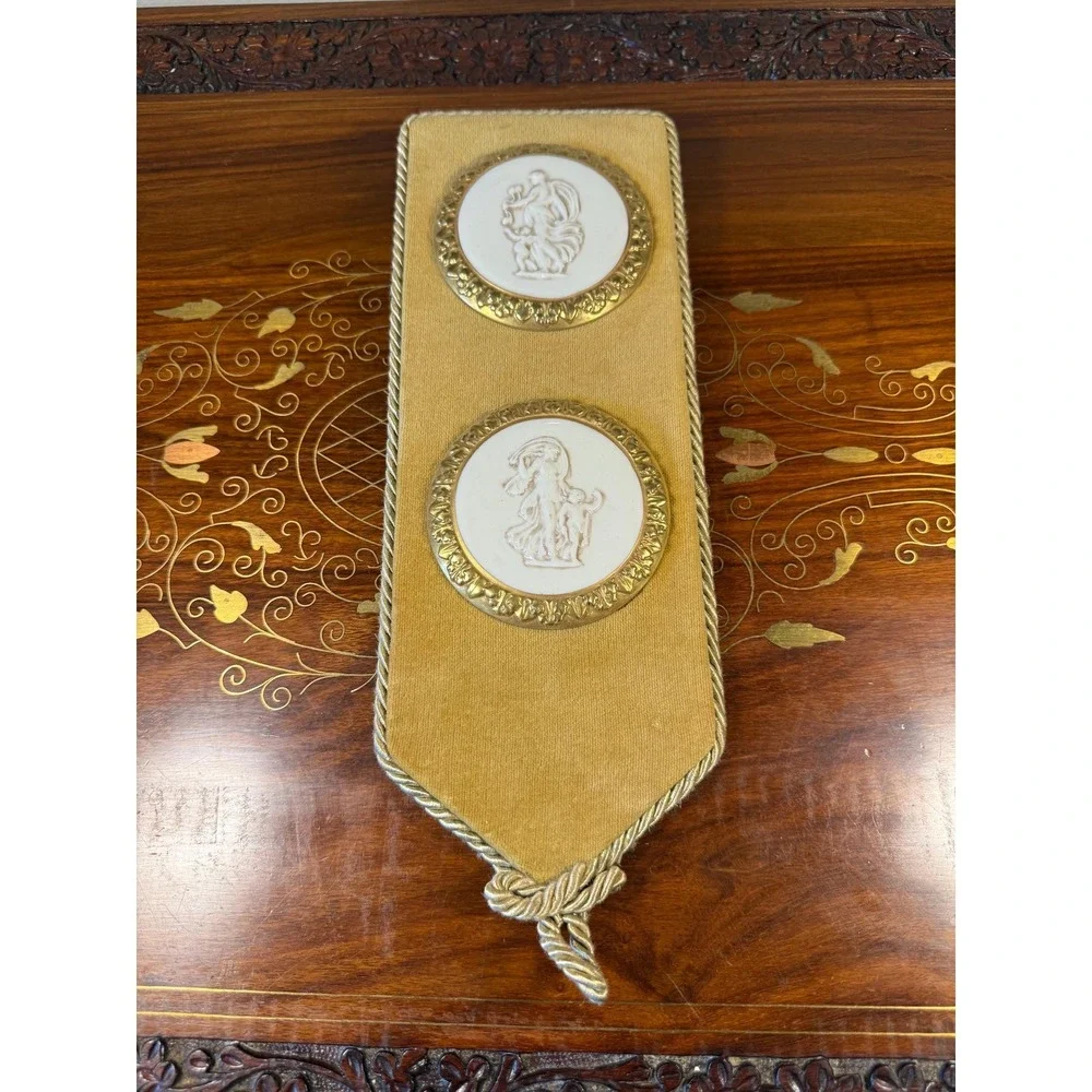 Vintage Italian Porcelain Cameo Wall Plaque • Brass Relief Velvet Wall Hanging